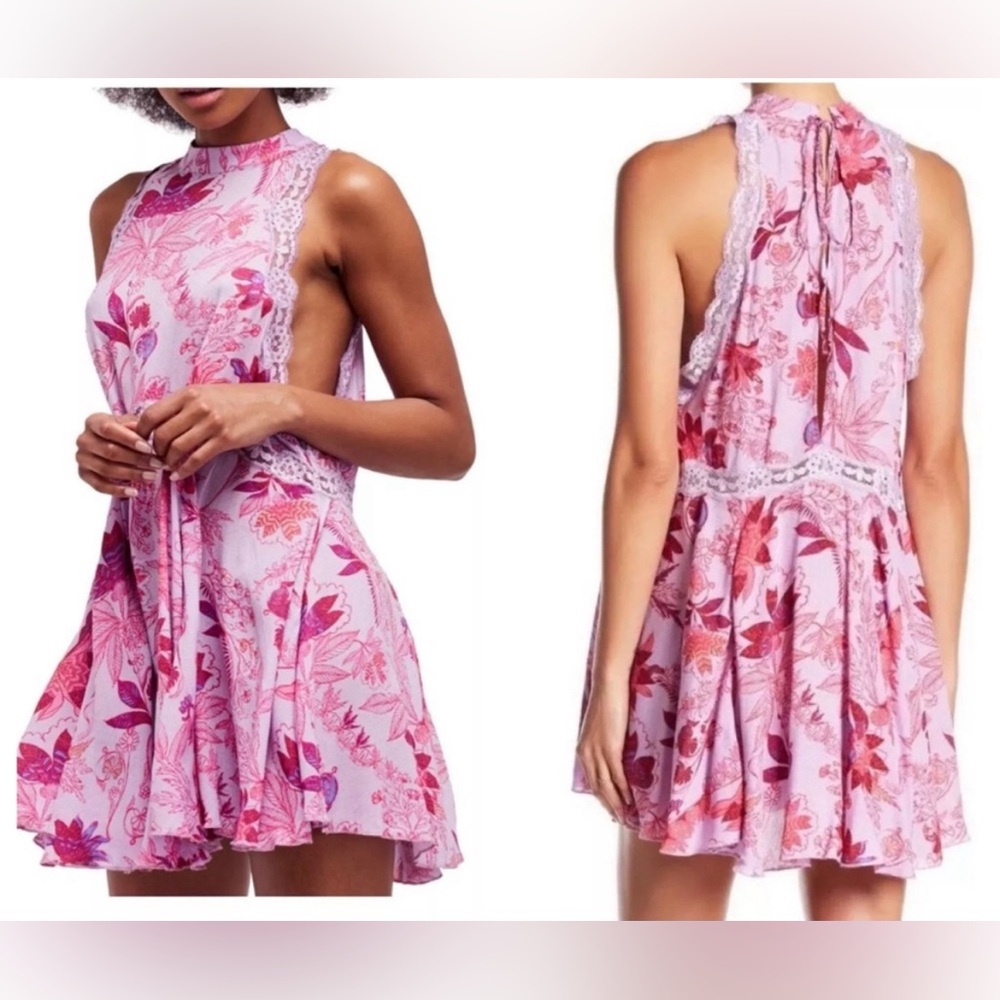Free People Pink Floral Lace-Trim Mini Dress